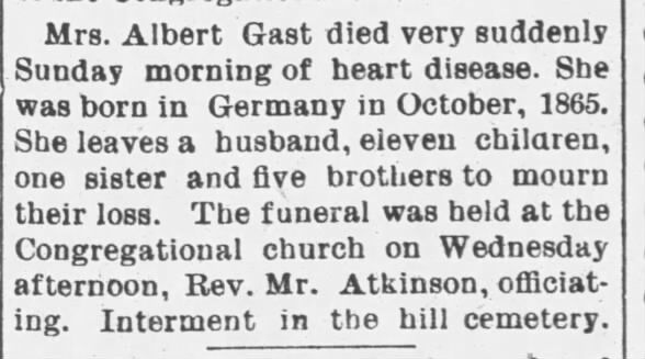 Mrs. Albert Gast (Anna) death notice